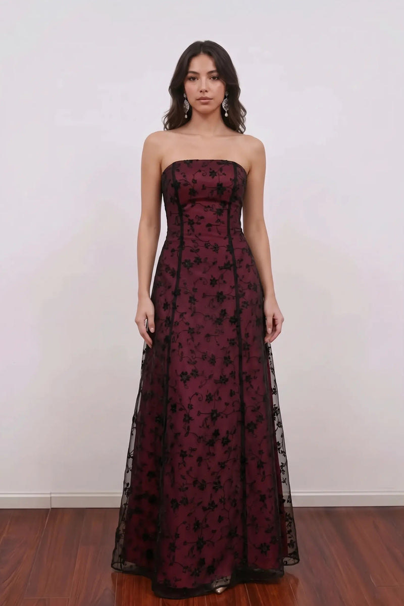 Vintage 90S Burgundy Lace Prom Dress Shiny Sparkly Formal Dress-Pgmdress