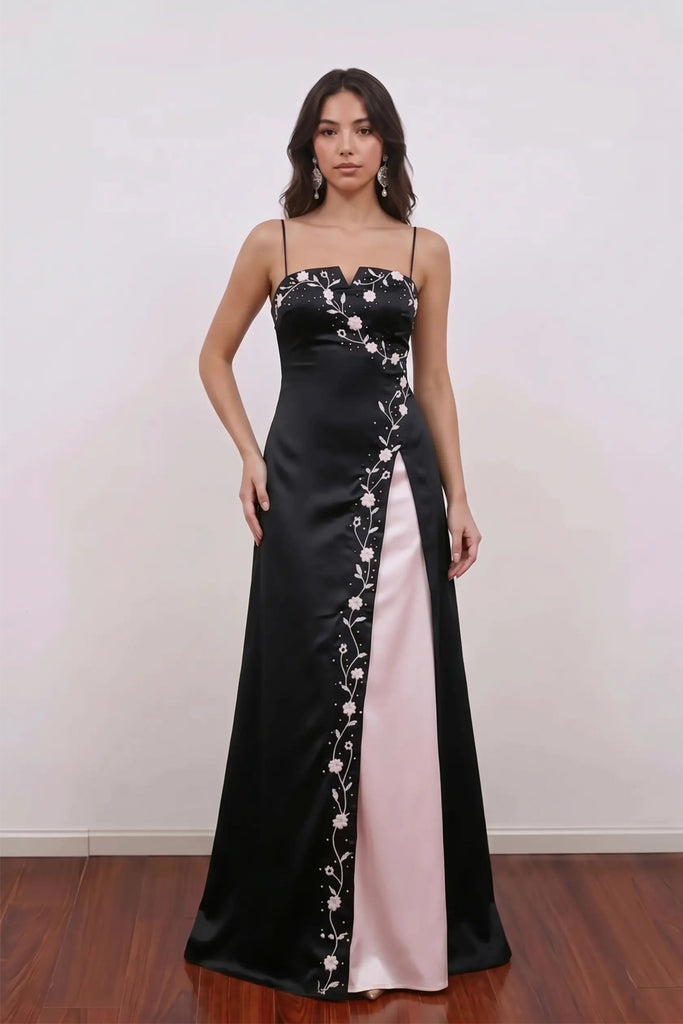 Vintage 90s Black Prom Dress Satin Floral Embroidery Slit Formal Gown-Pgmdress