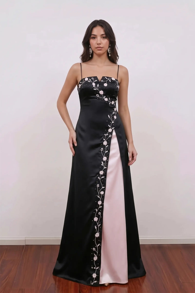Vintage 90s Black Prom Dress Satin Floral Embroidery Slit Formal Gown-Pgmdress