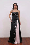 Vintage 90s Black Prom Dress Satin Floral Embroidery Slit Formal Gown-Pgmdress