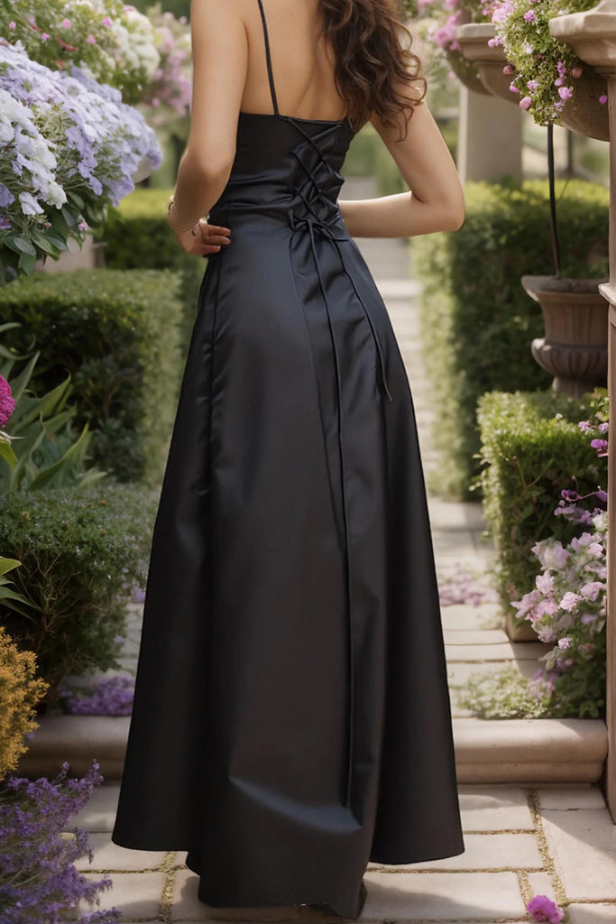 Vintage 90s Black Prom Dress Satin Floral Embroidery Slit Formal Gown-Pgmdress