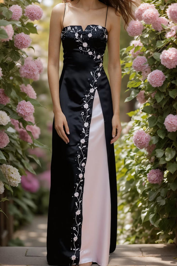 Vintage 90s Black Prom Dress Satin Floral Embroidery Slit Formal Gown-Pgmdress