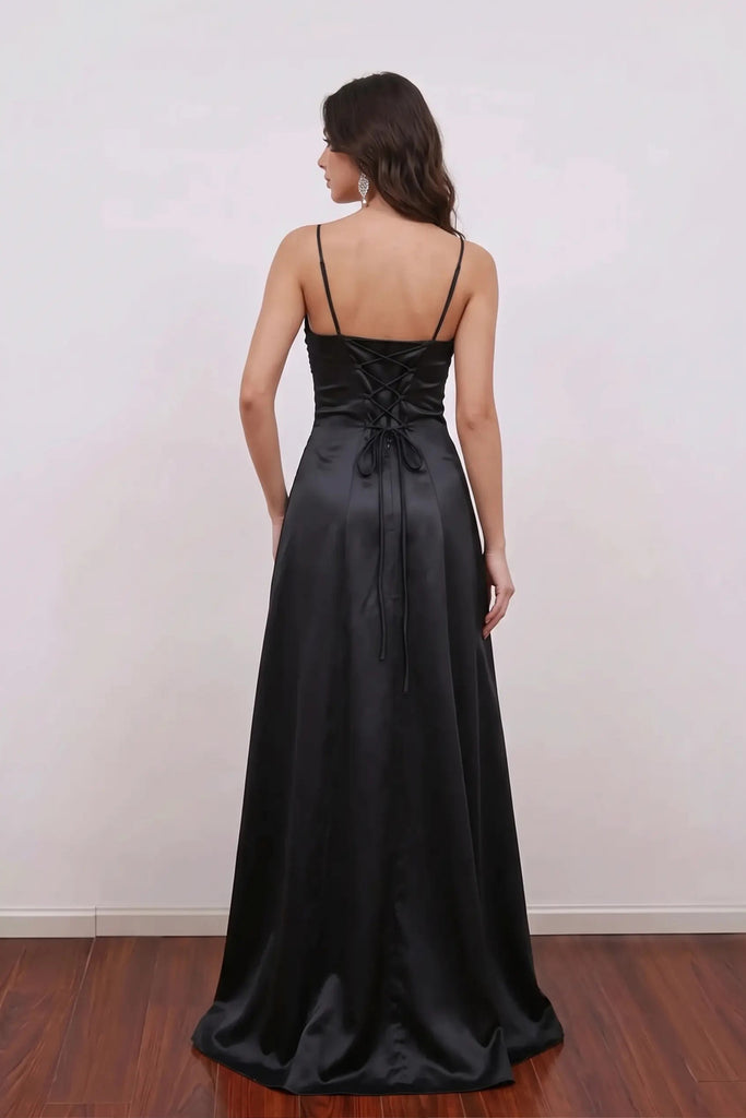Vintage 90s Black Prom Dress Satin Floral Embroidery Slit Formal Gown-Pgmdress