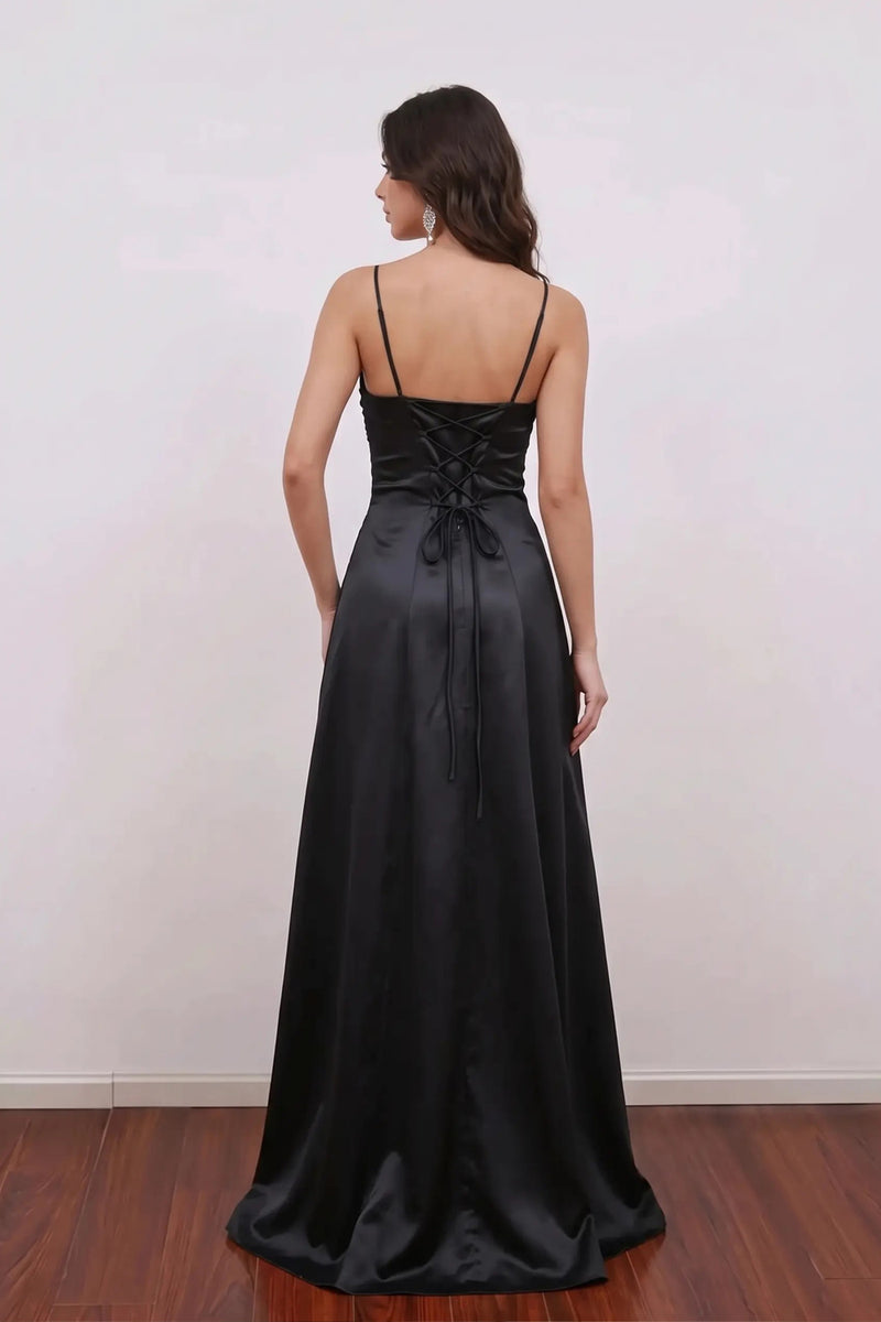 Vintage 90s Black Prom Dress Satin Floral Embroidery Slit Formal Gown-Pgmdress