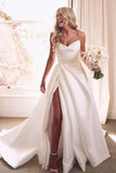 Vintage A Line Ivory Satin Beach Wedding Dress With Side Slit WD643