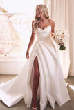 Vintage A Line Ivory Satin Beach Wedding Dress With Side Slit WD643-Pgmdress