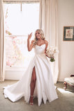 Vintage A Line Ivory Satin Beach Wedding Dress With Side Slit WD643-Pgmdress