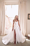 Vintage A Line Ivory Satin Beach Wedding Dress With Side Slit WD643-Pgmdress