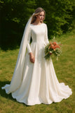 Vintage Long Sleeve Satin Modest Wedding Dress With Full Skirt