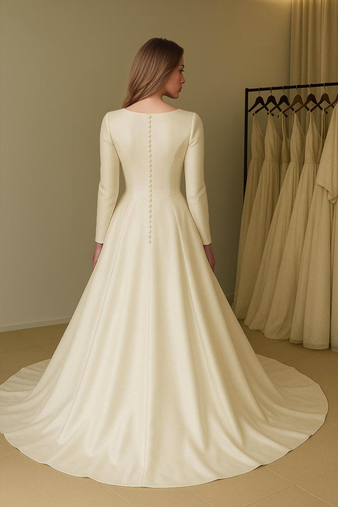 Vintage Long Sleeve Satin Modest Wedding Dress With Full Skirt Custom Size / Ivory Vintage Long Sleeve Satin Modest Wedding Dress With Full Skirt Custom Size / Ivory