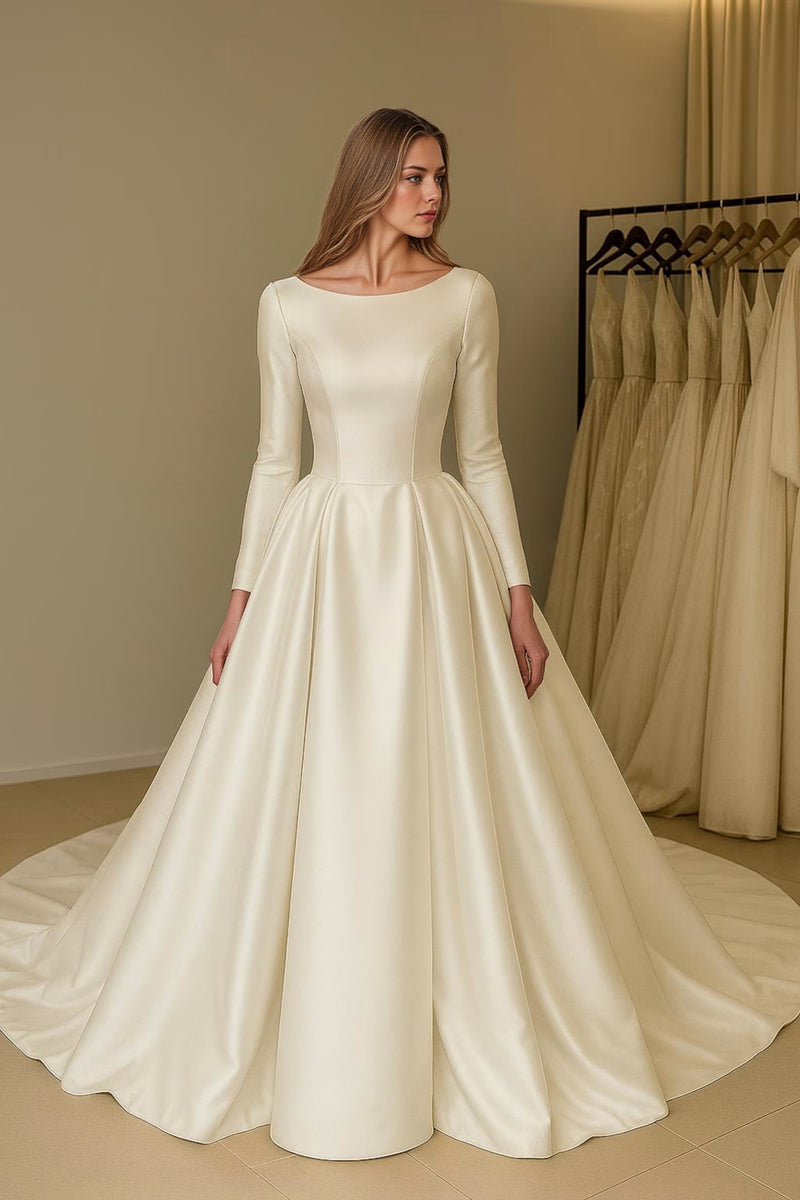 Vintage Long Sleeve Satin Modest Wedding Dress With Full Skirt