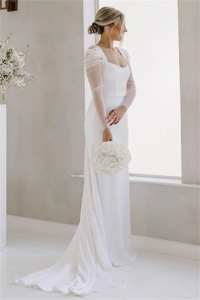 Vintage Long Sleeves Sheath Square Neck Simple Wedding Dress-Pgmdress