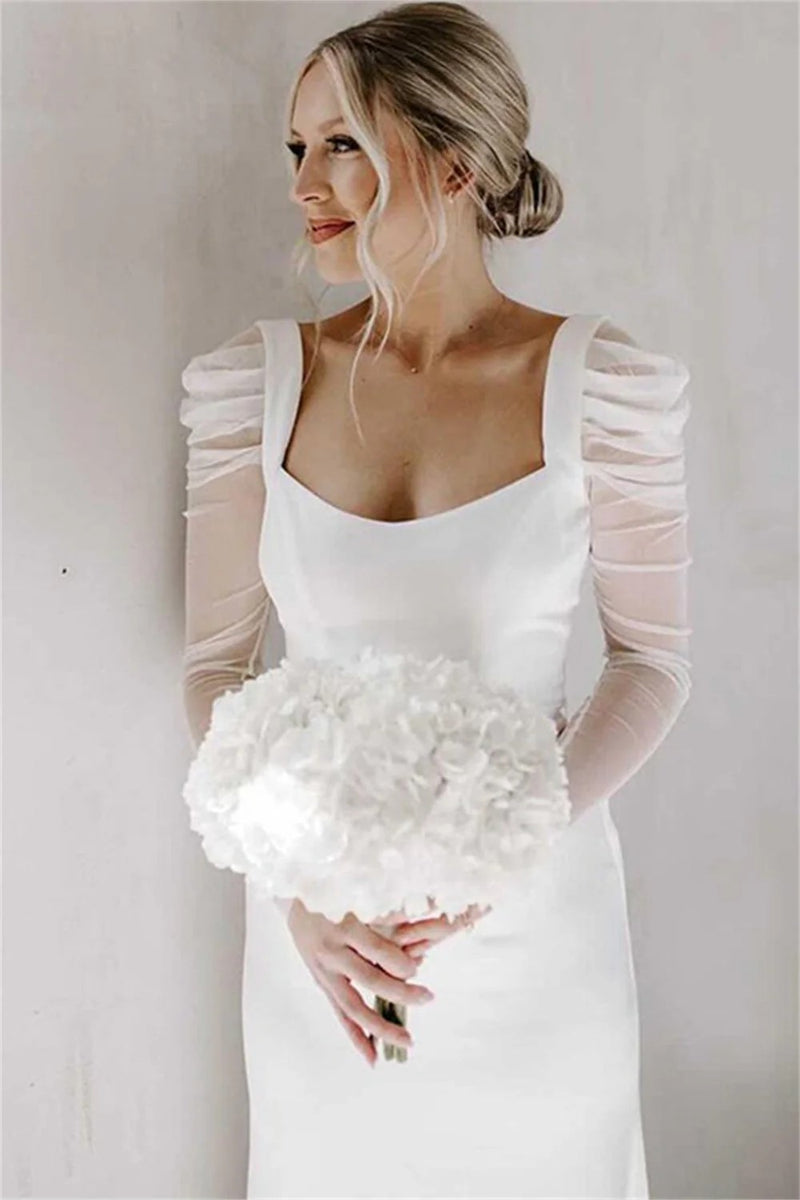 Vintage Long Sleeves Sheath Square Neck Simple Wedding Dress-Pgmdress