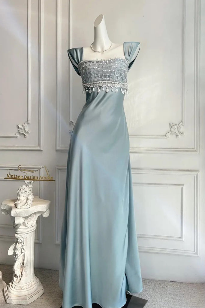 Vintage Satin Prom Dress Beaded Regency Style Bridesmaid Dress US4 / Blue Vintage Satin Prom Dress Beaded Regency Style Bridesmaid Dress US4 / Blue
