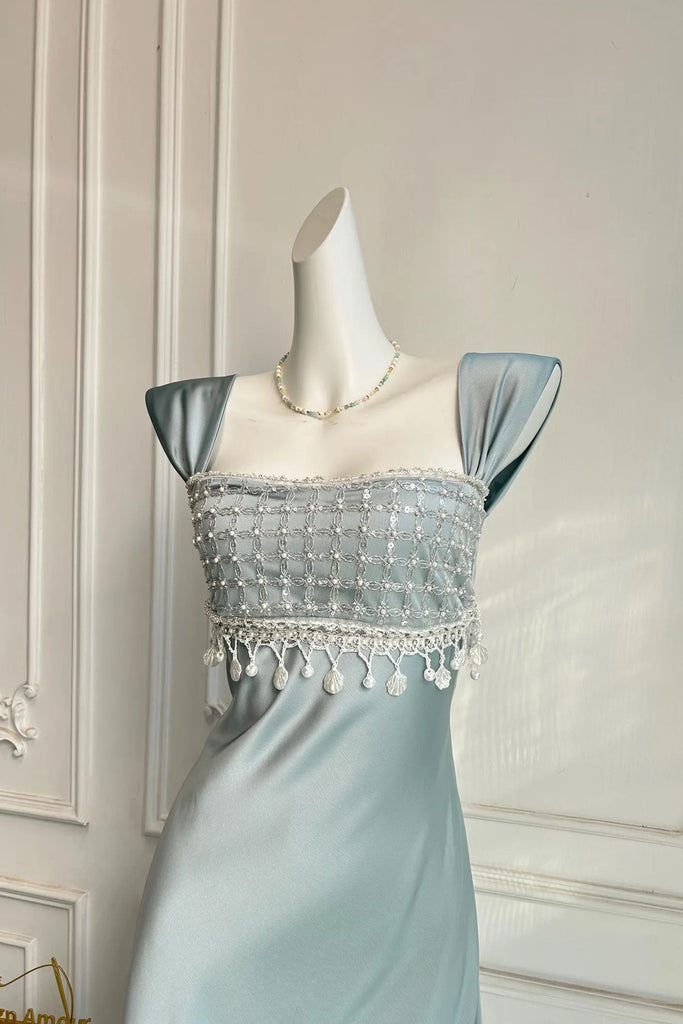 Vintage Satin Prom Dress Beaded Regency Style Bridesmaid Dress US4 / Blue Vintage Satin Prom Dress Beaded Regency Style Bridesmaid Dress US4 / Blue