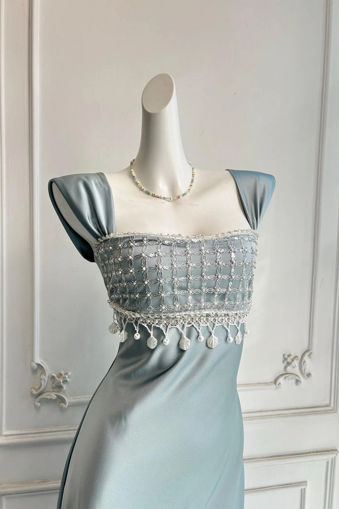 Vintage Satin Prom Dress Beaded Regency Style Bridesmaid Dress US4 / Blue Vintage Satin Prom Dress Beaded Regency Style Bridesmaid Dress US4 / Blue
