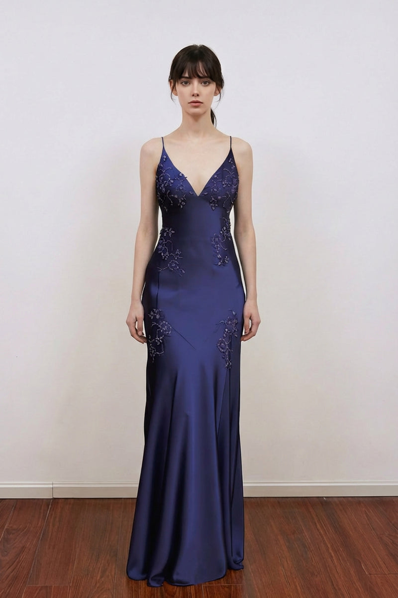 Vintage Silk Satin Beaded Backless Navy Blue Prom Dress Formal Gowns-Pgmdress