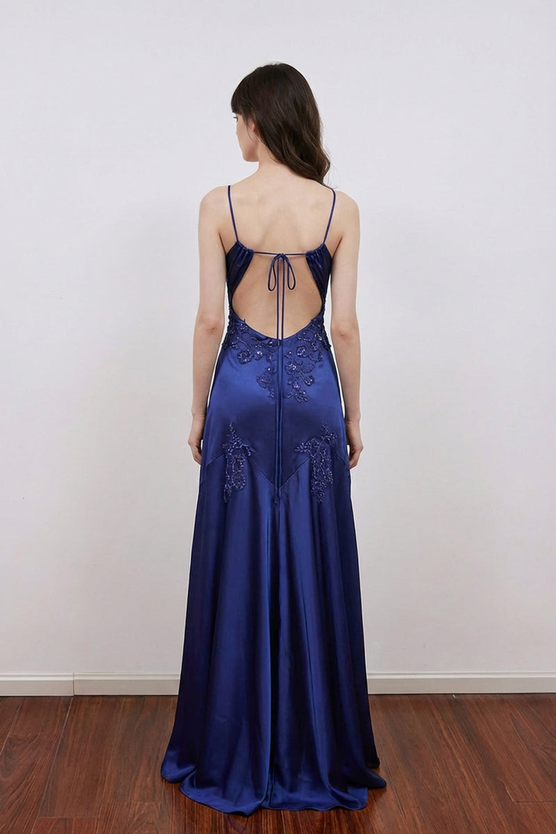 Vintage Silk Satin Beaded Backless Navy Blue Prom Dress Formal Gowns-Pgmdress