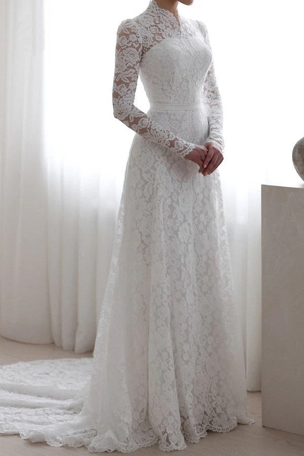 Vintage Wedding Dress High Neck Long Sleeves White Lace Bridal Gown-Pgmdress