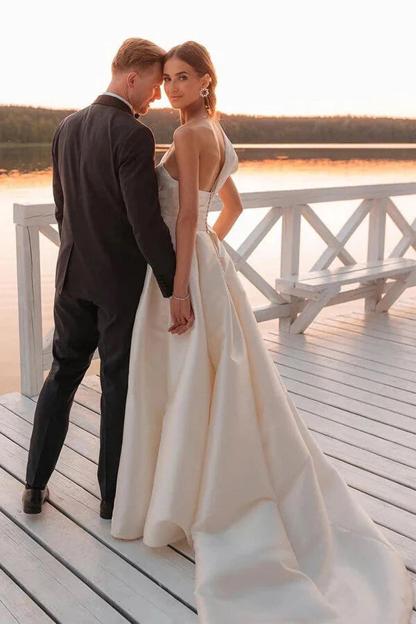 Vintage Wedding Dress One Shoulder Bridal Gown With Court Train WD729-Pgmdress