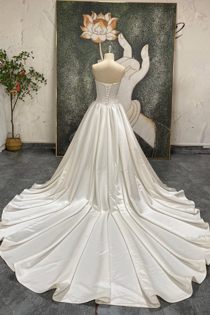 Vintage Wedding Dress Satin Strapless Basque Waist Bridal Gown-Pgmdress