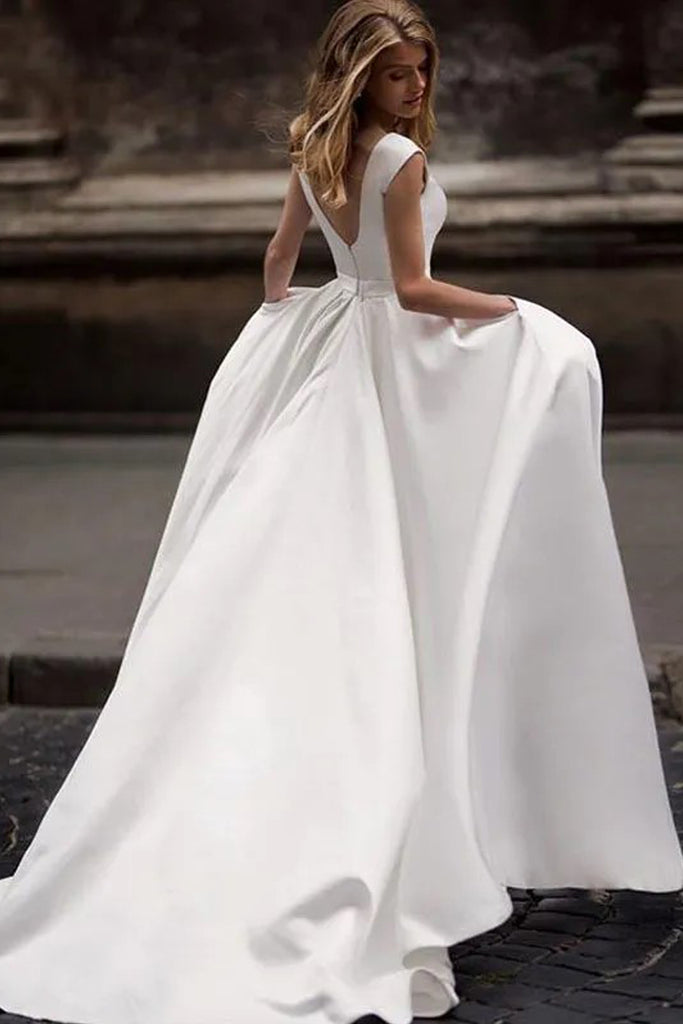 strapless open back dress A-Line Princess Ivory Satin Vintage Wedding Dress with Pockets WD328 US0 / Custom Color