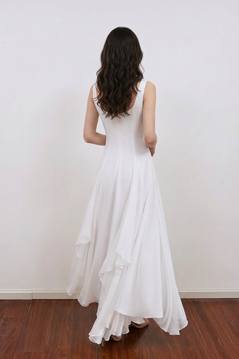 Vintage & Classic Ivory Square Neck Chiffon Evening Dress Prom Dress-Pgmdress