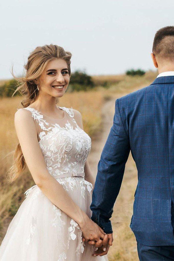 Vintage Lace Scoop Neckline A Line Tulle Wedding Bridal Dress WD531-Pgmdress