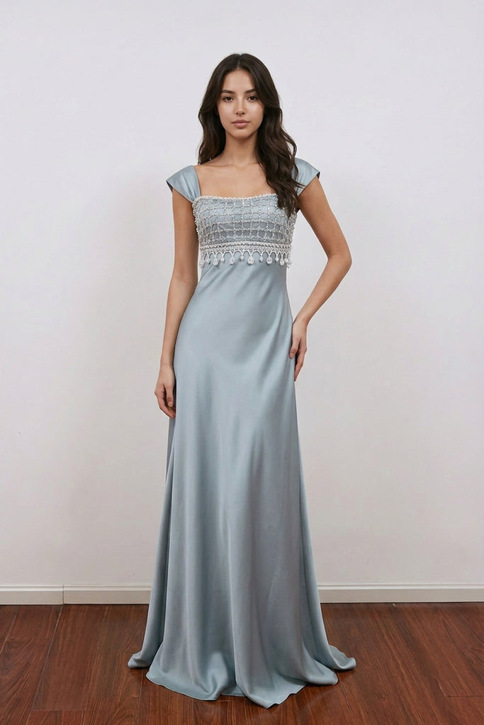 Vintage Satin Prom Dress Beaded Regency Style Bridesmaid Dress US4 / Blue Vintage Satin Prom Dress Beaded Regency Style Bridesmaid Dress US4 / Blue