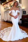Weißes, schulterfreies Meerjungfrau-Brautkleid mit Spitzenbesatz WD635