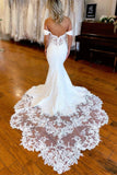 White Lace-Trimmed Off The Shoulder Mermaid Long Wedding Dress WD635-Pgmdress