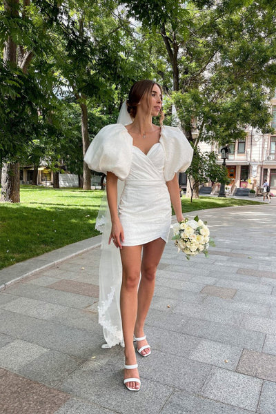 mini bride dress White Puff Sleeves Short Wedding Wedding Dress WD771 US8 / White Select Shoes Size:44 pink glitter dress minimalist short wedding dress Prom Dress Dance Party