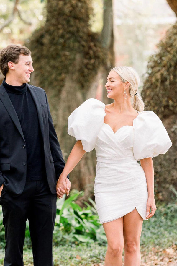 White Puff Sleeves Short Wedding Dress Mini Wedding Dress WD771-Pgmdress