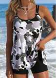 Women's Black Floral Dot Print O-Ring Tankini Set with Boy Shorts-Pgmdress
