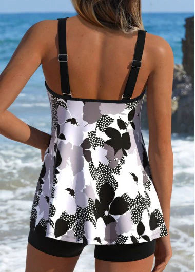Women's Black Floral Dot Print O-Ring Tankini Set with Boy Shorts-Pgmdress