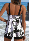 Women's Black Floral Dot Print O-Ring Tankini Set with Boy Shorts-Pgmdress