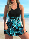 Women's Black Turquoise Paisley Printed Two Piece Tankini Swimsuit-Pgmdress