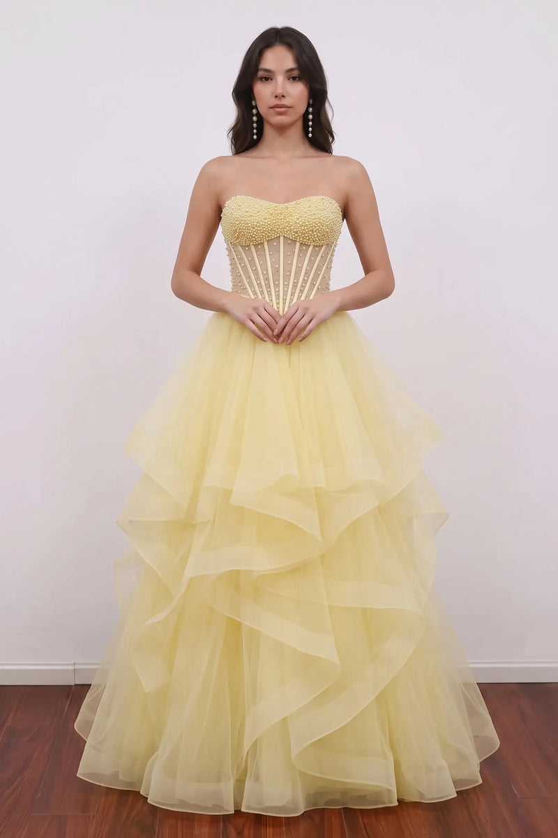 Yellow Corset Sweetheart Ball Gown Tiered Prom Dress with Beading-Pgmdress