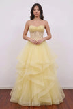 Yellow Corset Sweetheart Ball Gown Tiered Prom Dress with Beading-Pgmdress