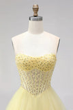 Yellow Corset Sweetheart Ball Gown Tiered Prom Dress with Beading-Pgmdress