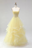 Yellow Corset Sweetheart Ball Gown Tiered Prom Dress with Beading-Pgmdress