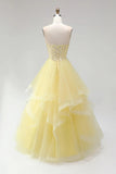 Yellow Corset Sweetheart Ball Gown Tiered Prom Dress with Beading-Pgmdress