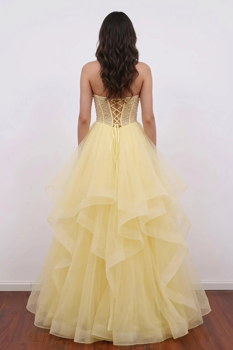 Yellow Corset Sweetheart Ball Gown Tiered Prom Dress with Beading-Pgmdress