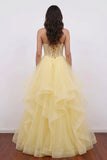 Yellow Corset Sweetheart Ball Gown Tiered Prom Dress with Beading-Pgmdress