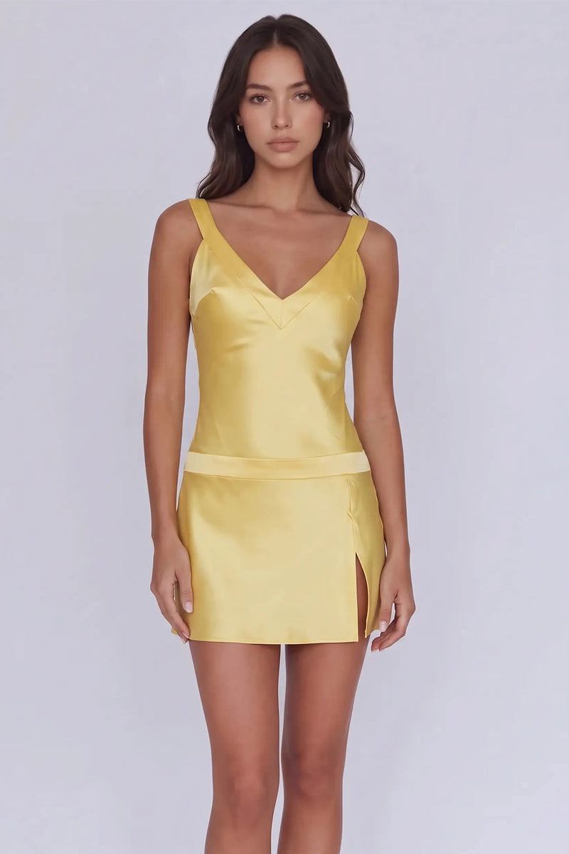 Yellow Satin V-Neck Open Back Mini Homecoming Dress Party Dress-Pgmdress