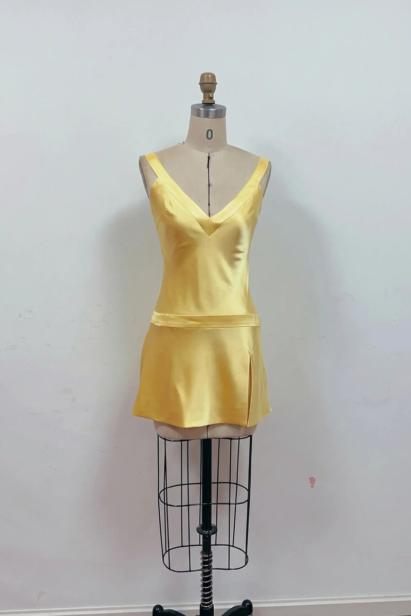 Yellow Satin V-Neck Open Back Mini Homecoming Dress Party Dress-Pgmdress