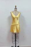 Yellow Satin V-Neck Open Back Mini Homecoming Dress Party Dress-Pgmdress