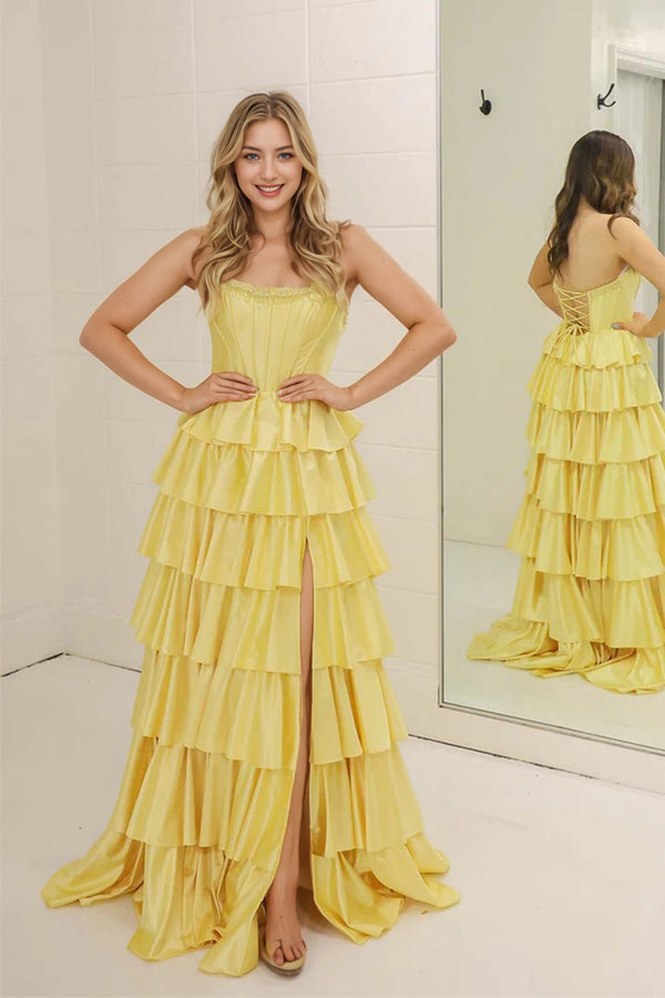 Yellow Strapless Ruffle Long Prom Dress Party Dress with Split PSK723-Pgmdress