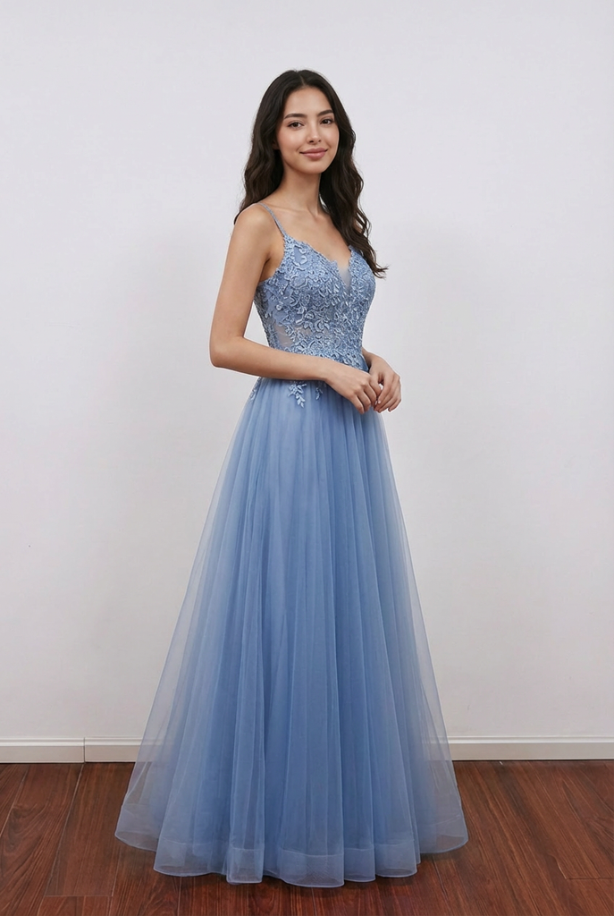 blue fairy prom dress Fairy Tale Navy Blue Tulle Coral Flowers Prom Gowns,v Neck Sleeveless Beads Lace Up Back Long Evening Dresses