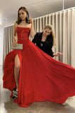 Mousseline de soie rouge une ligne bretelles spaghetti longue robe de bal robe de soirée PSK247